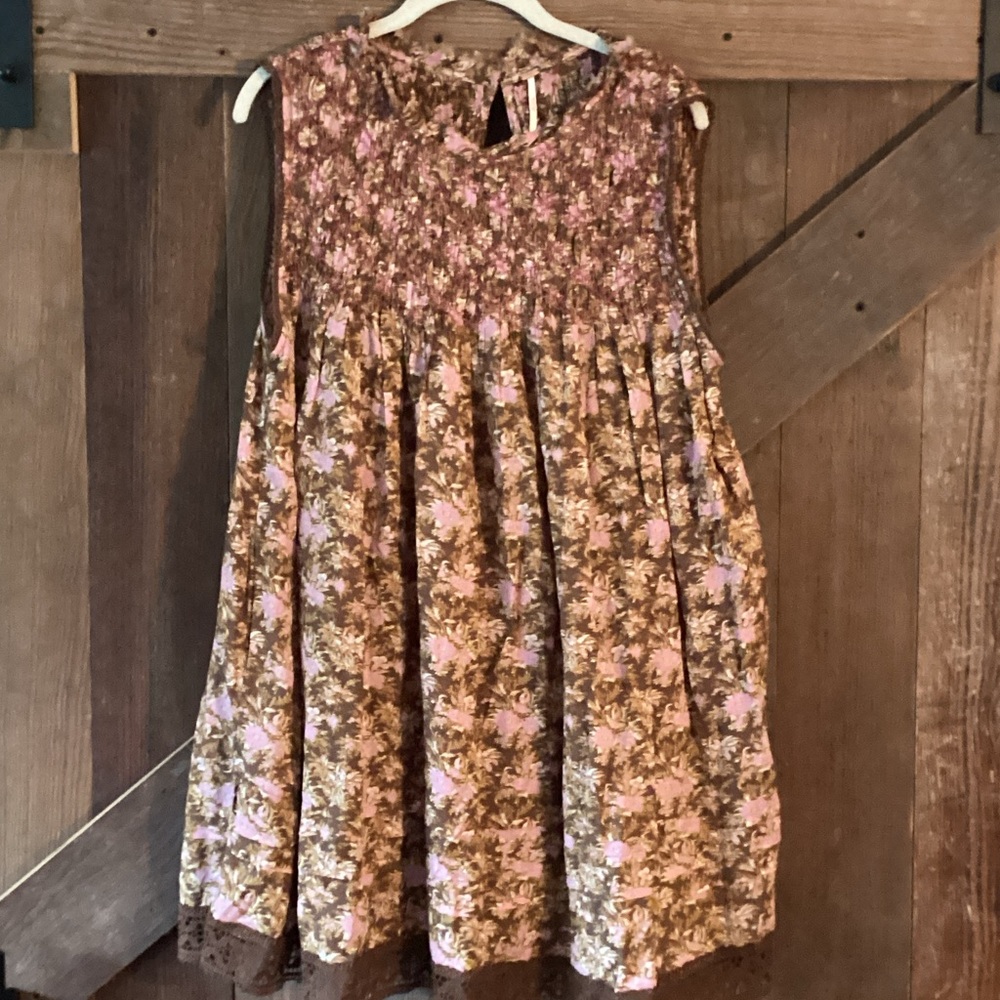 Free People Brown and Pink Floral Smocked Dress